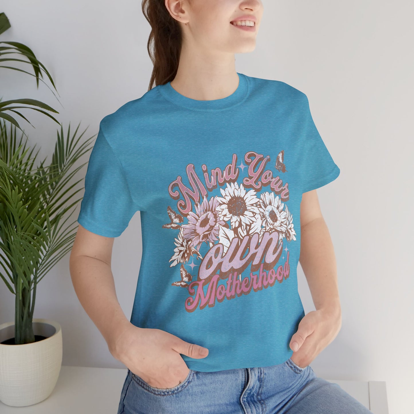 Mind Your Own Motherhood Tee — Floral Mom Shirt with Retro Script