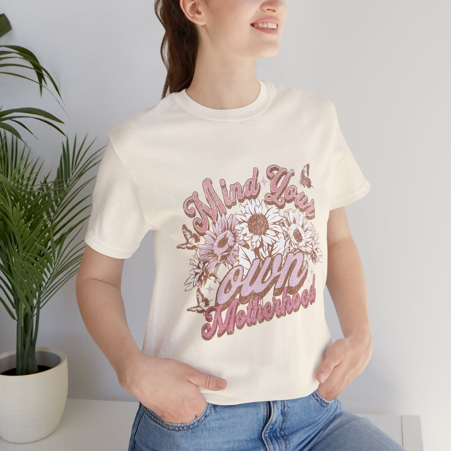 Mind Your Own Motherhood Tee — Floral Mom Shirt with Retro Script