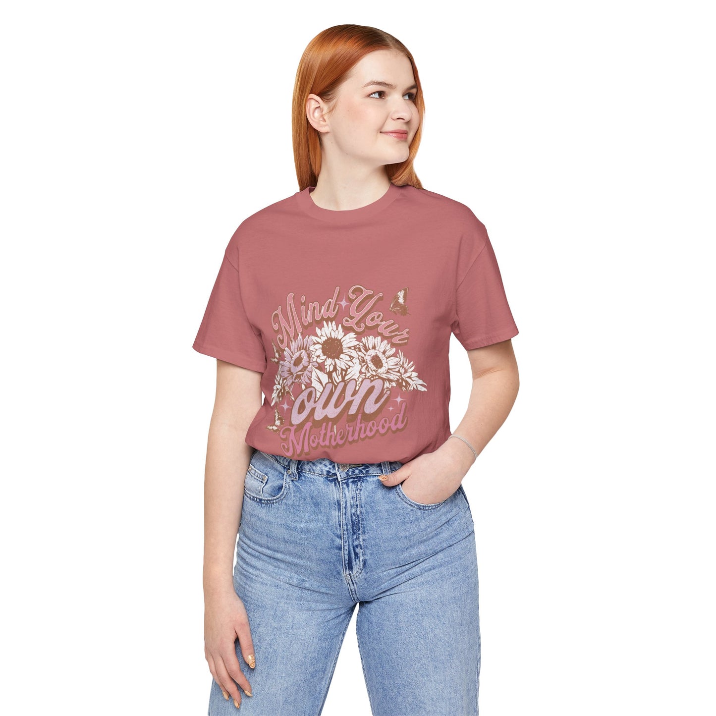 Mind Your Own Motherhood Tee — Floral Mom Shirt with Retro Script