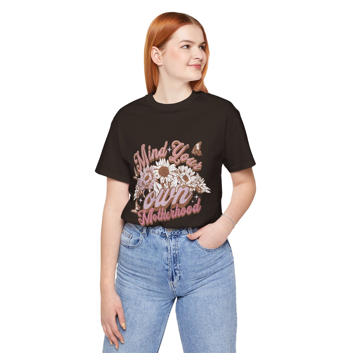 Mind Your Own Motherhood Tee — Floral Mom Shirt with Retro Script