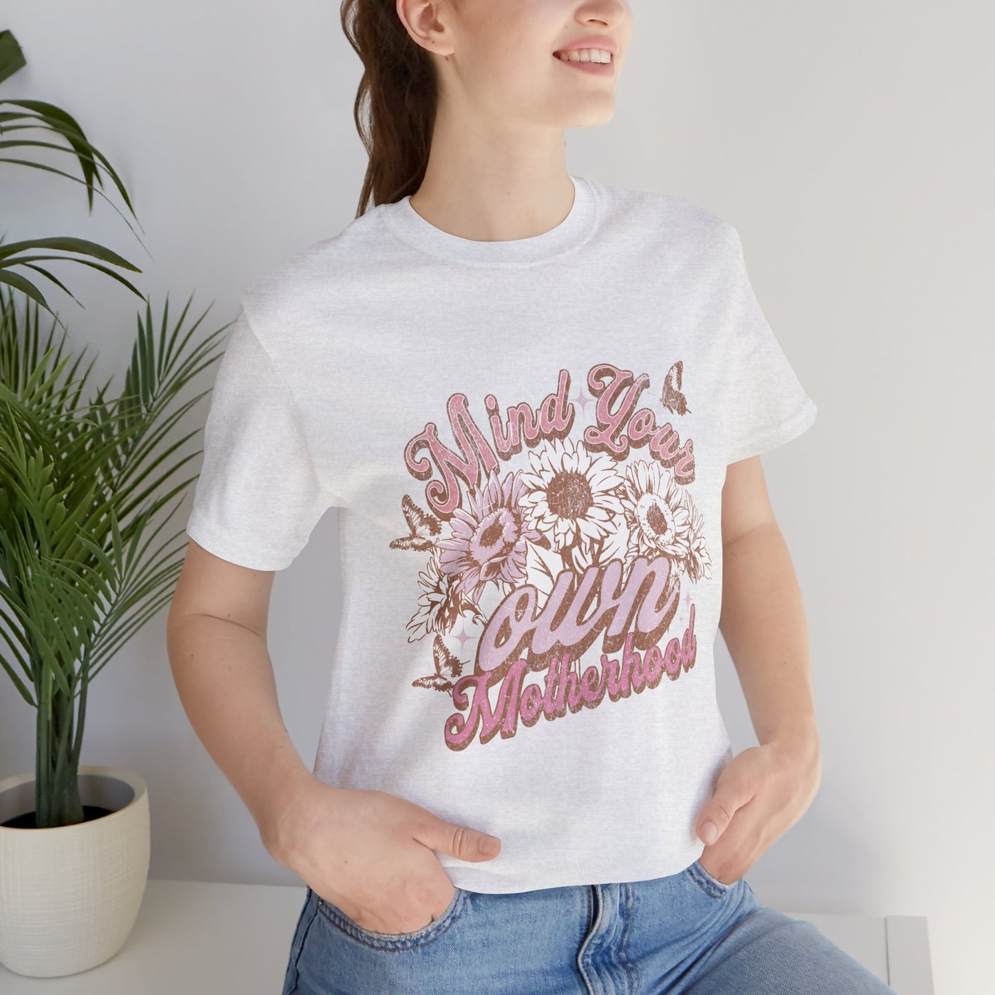 Mind Your Own Motherhood Tee — Floral Mom Shirt with Retro Script