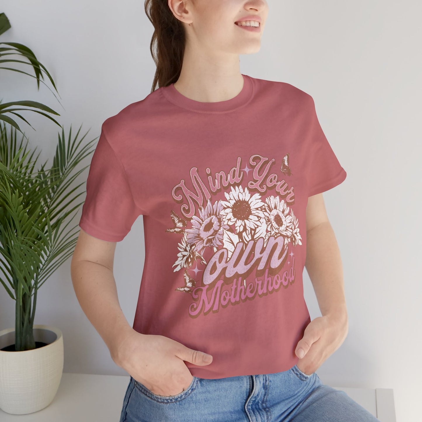 Mind Your Own Motherhood Tee — Floral Mom Shirt with Retro Script