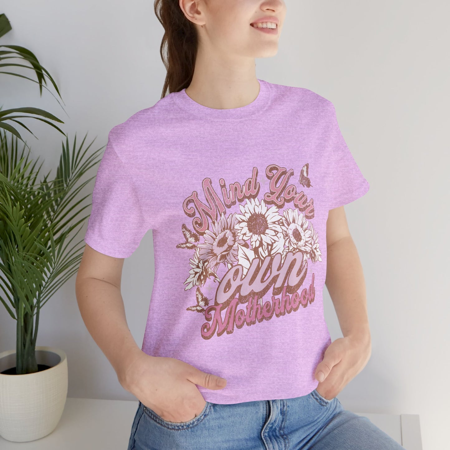 Mind Your Own Motherhood Tee — Floral Mom Shirt with Retro Script