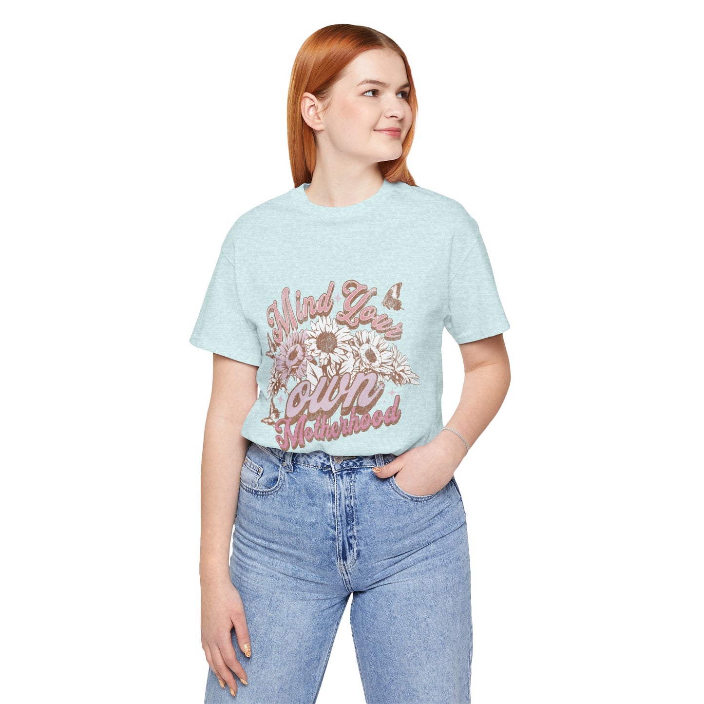 Mind Your Own Motherhood Tee — Floral Mom Shirt with Retro Script