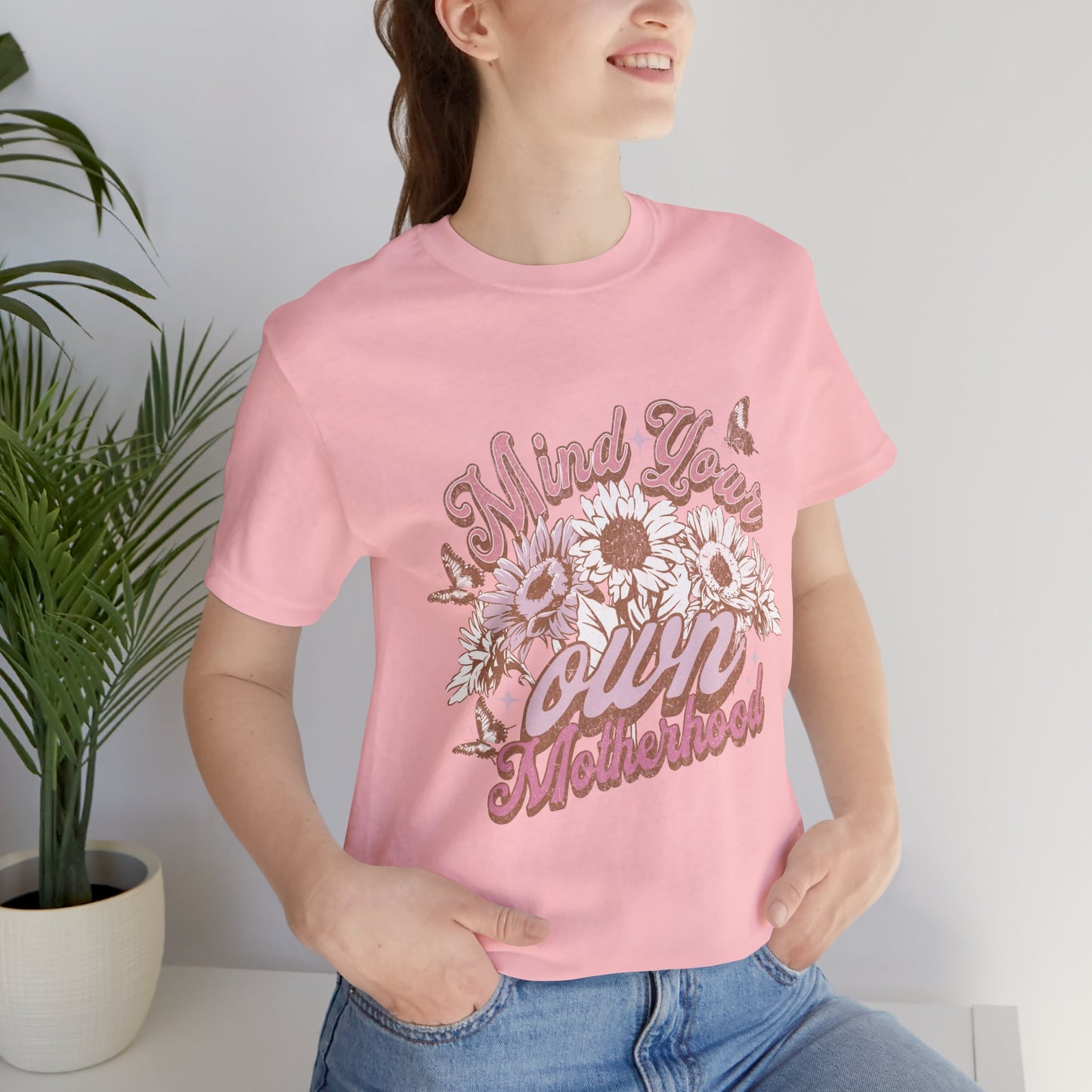 Mind Your Own Motherhood Tee — Floral Mom Shirt with Retro Script