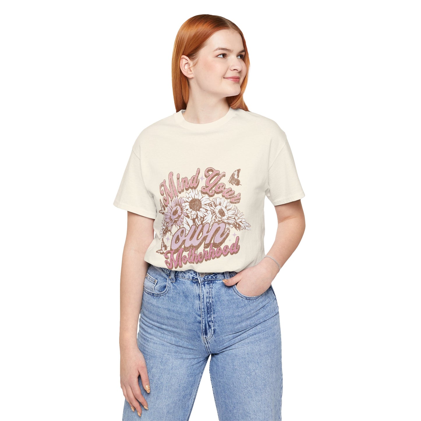 Mind Your Own Motherhood Tee — Floral Mom Shirt with Retro Script