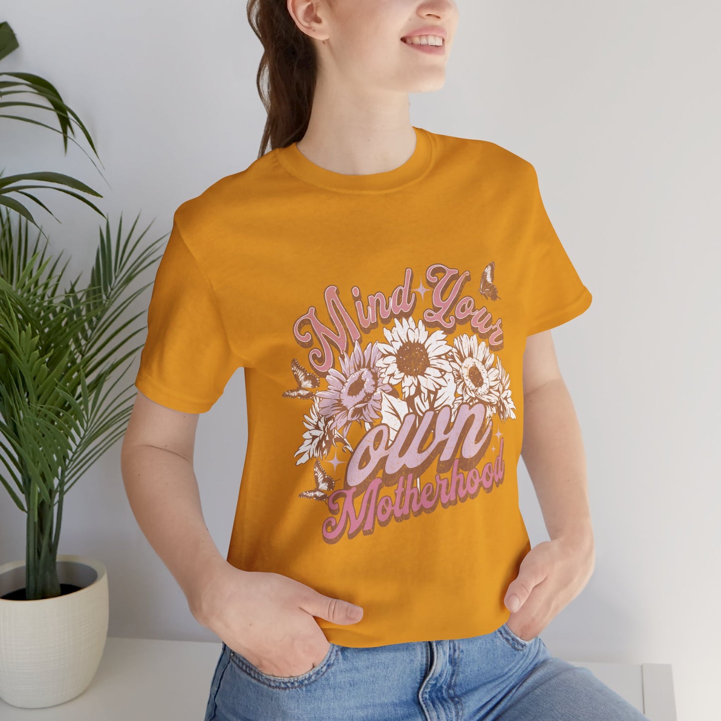 Mind Your Own Motherhood Tee — Floral Mom Shirt with Retro Script