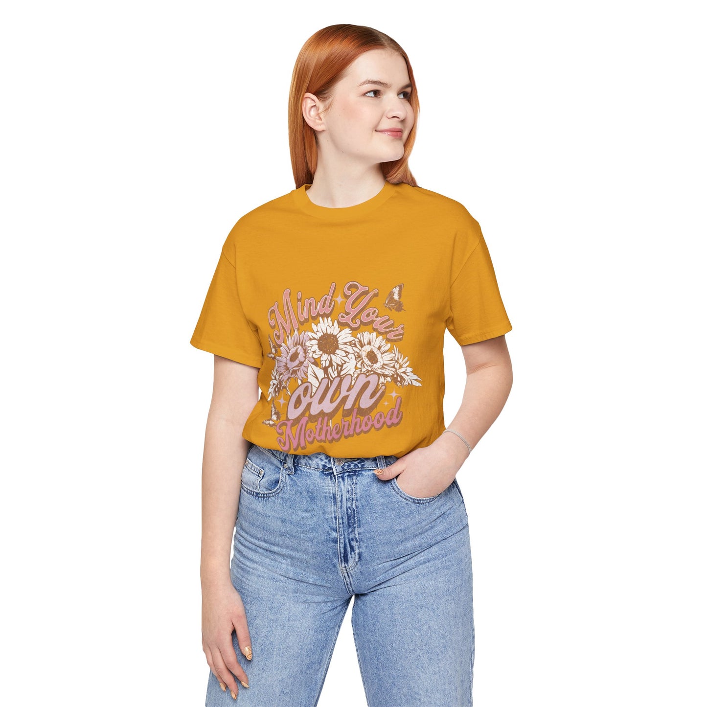 Mind Your Own Motherhood Tee — Floral Mom Shirt with Retro Script